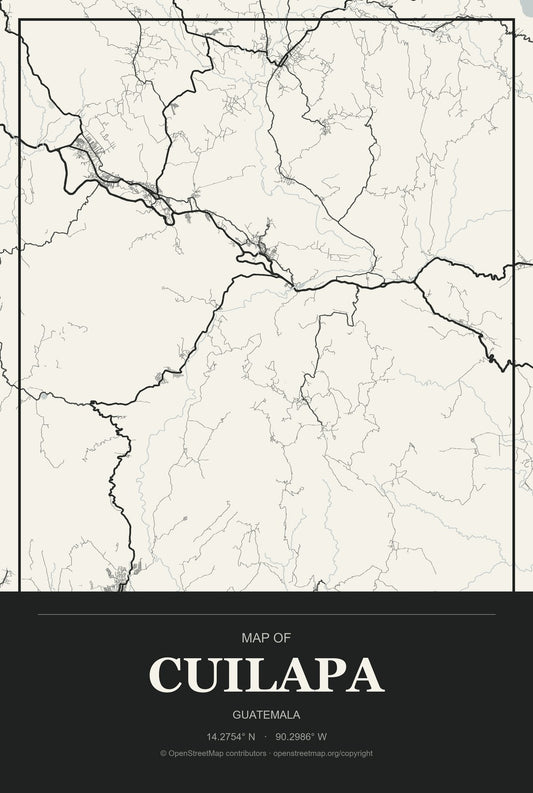 Cuilapa, Guatemala City Map Aluminum Sign in Museum Plaque style