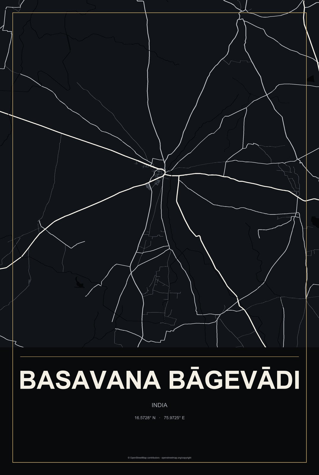 Basavana Bāgevādi, India City Map Aluminum Sign in Metropolitan Noir style