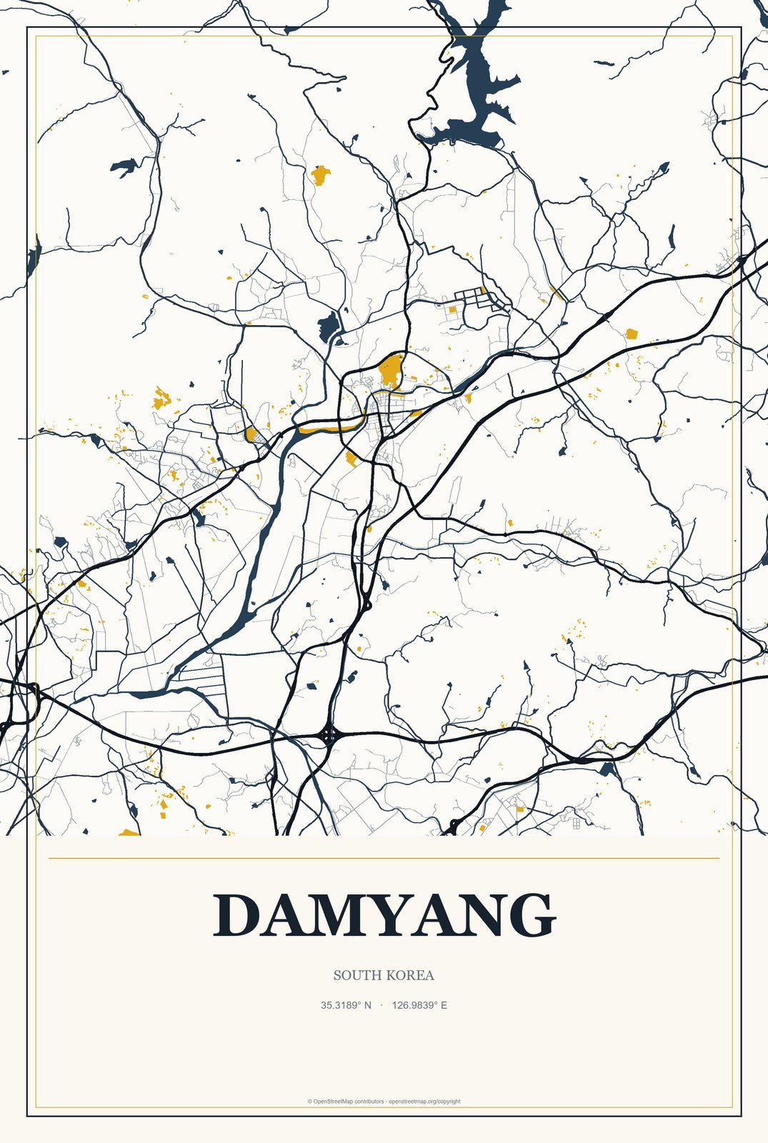 Damyang, South Korea City Map Aluminum Sign in Citrine Modern style