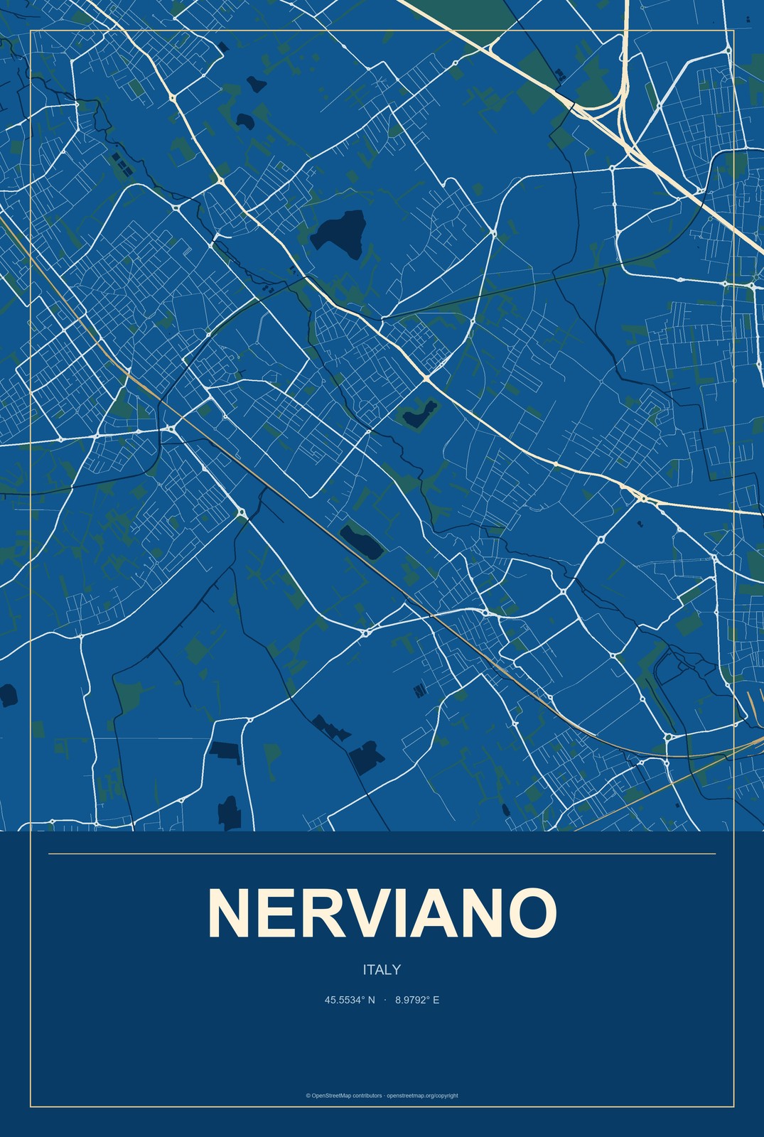 Nerviano, Italy City Map Aluminum Sign in Harbor Cobalt style