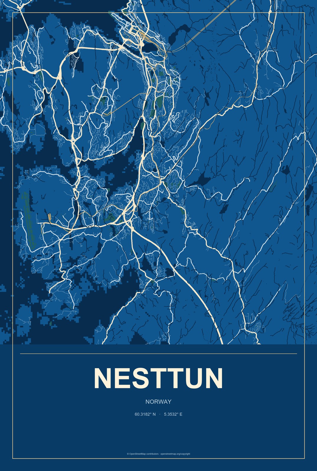 Nesttun, Norway City Map Aluminum Sign in Harbor Cobalt style