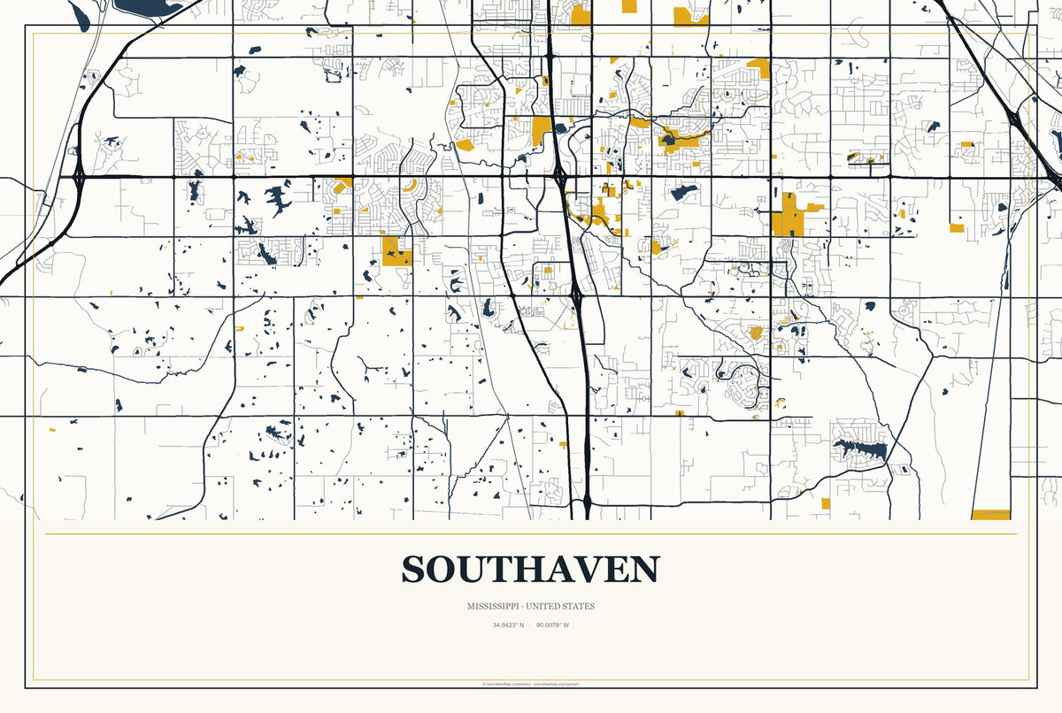 Southaven, Mississippi City Map Aluminum Sign in Citrine Modern style