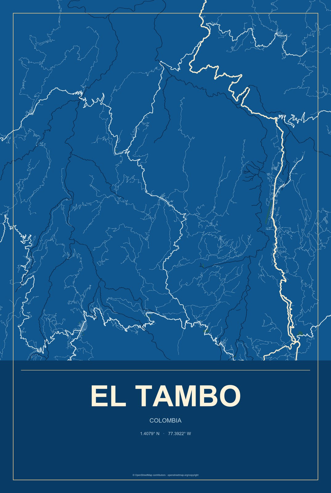 El Tambo, Colombia City Map Aluminum Sign in Harbor Cobalt style