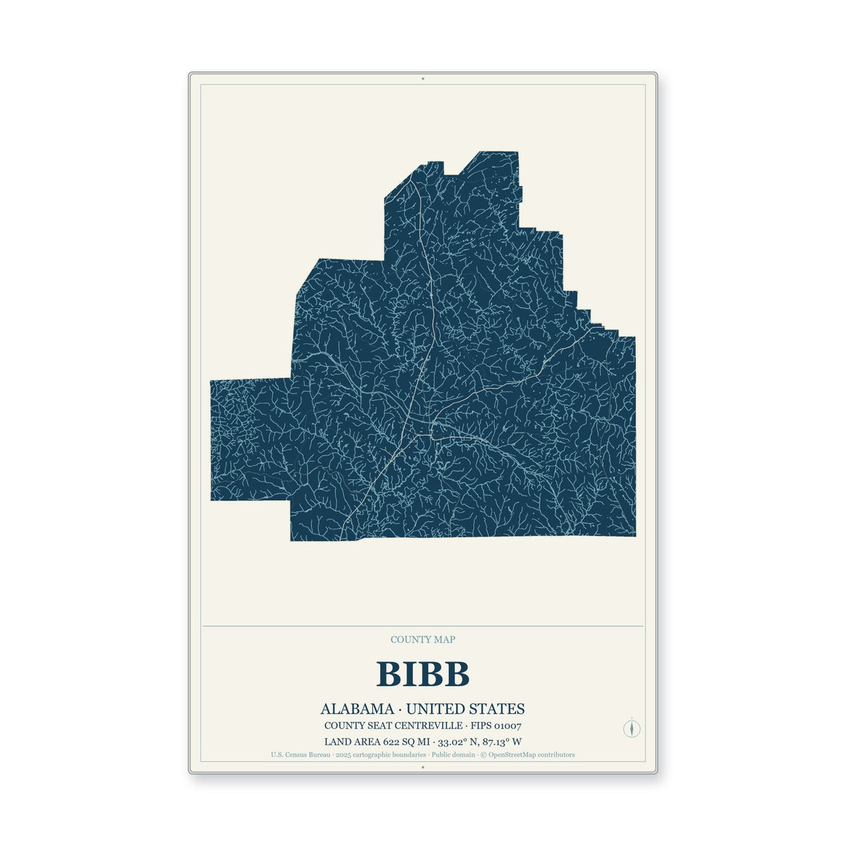 Bibb County, Alabama Map Aluminum Sign in Coastal Cutout style