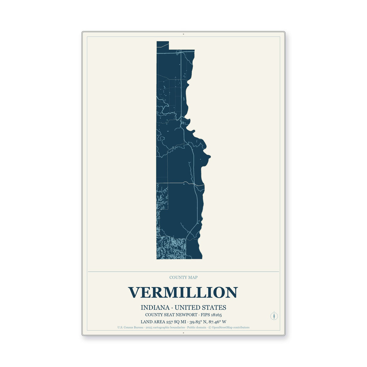 Vermillion County, Indiana Map Aluminum Sign in Coastal Cutout style