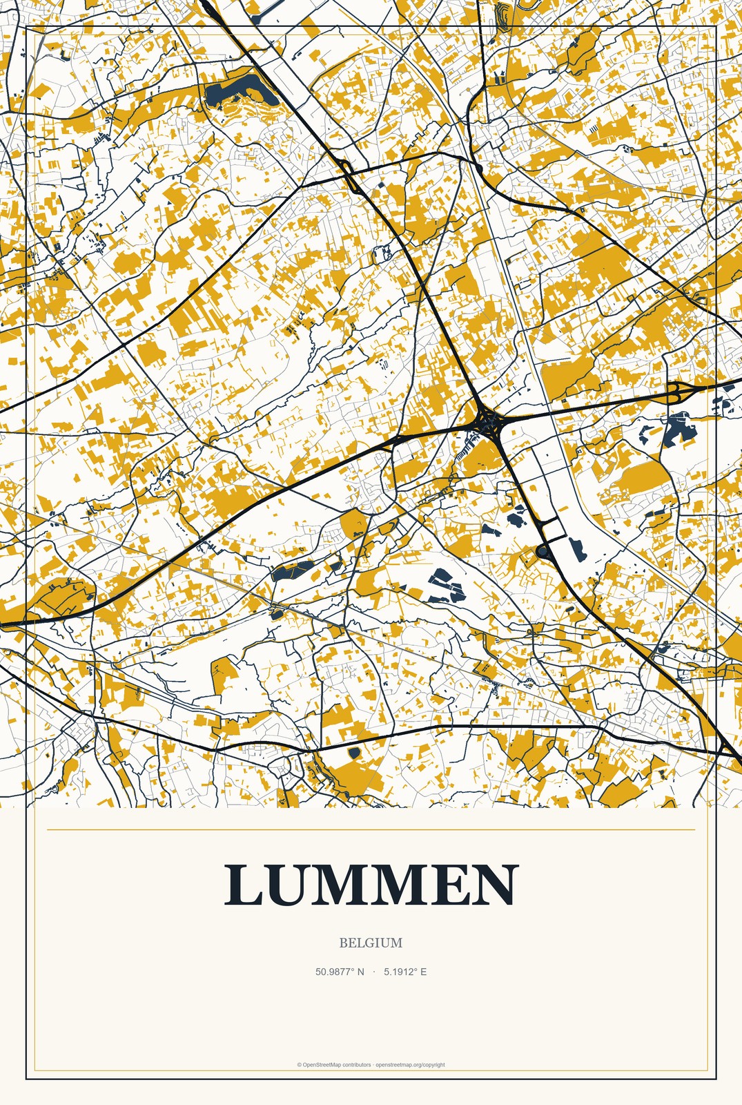 Lummen, Belgium City Map Aluminum Sign in Citrine Modern style