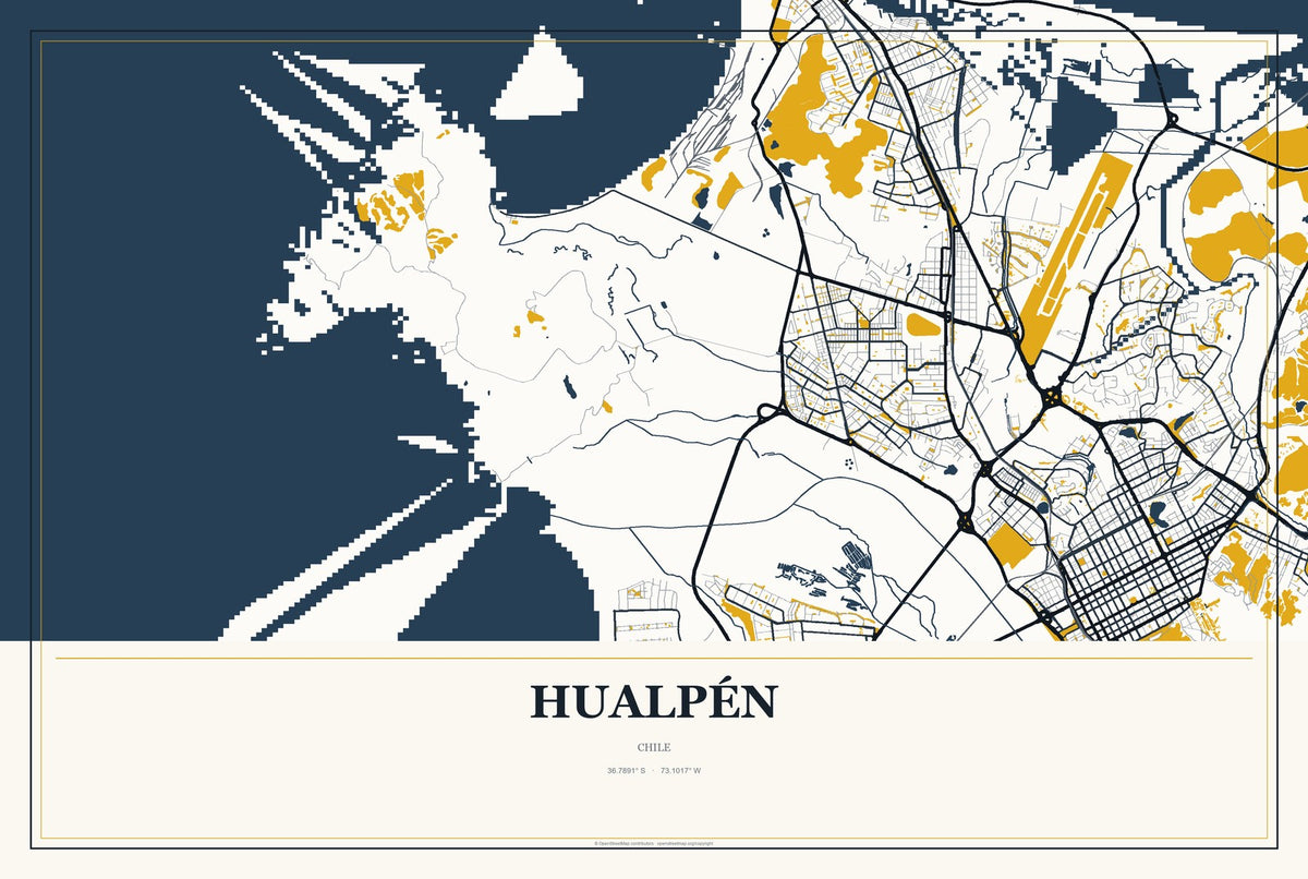 Hualpén, Chile City Map Aluminum Sign in Citrine Modern style