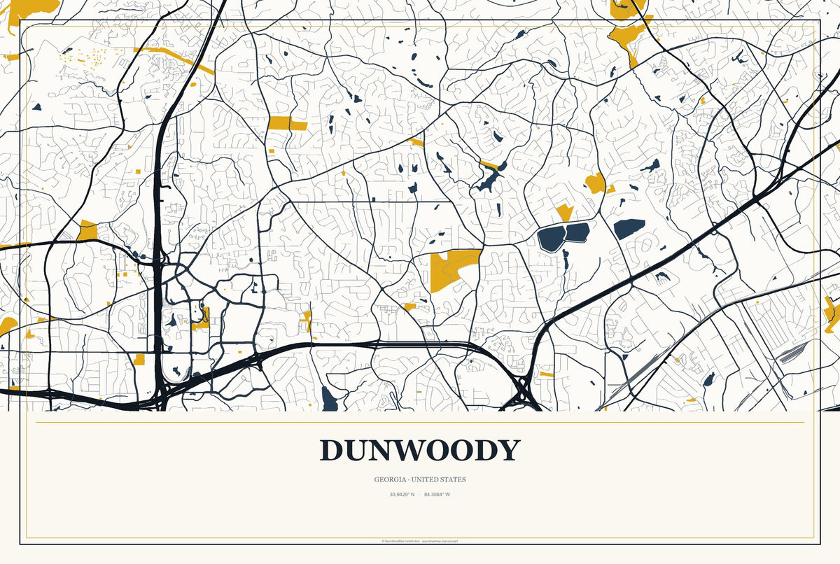 Dunwoody, Georgia City Map Aluminum Sign in Citrine Modern style