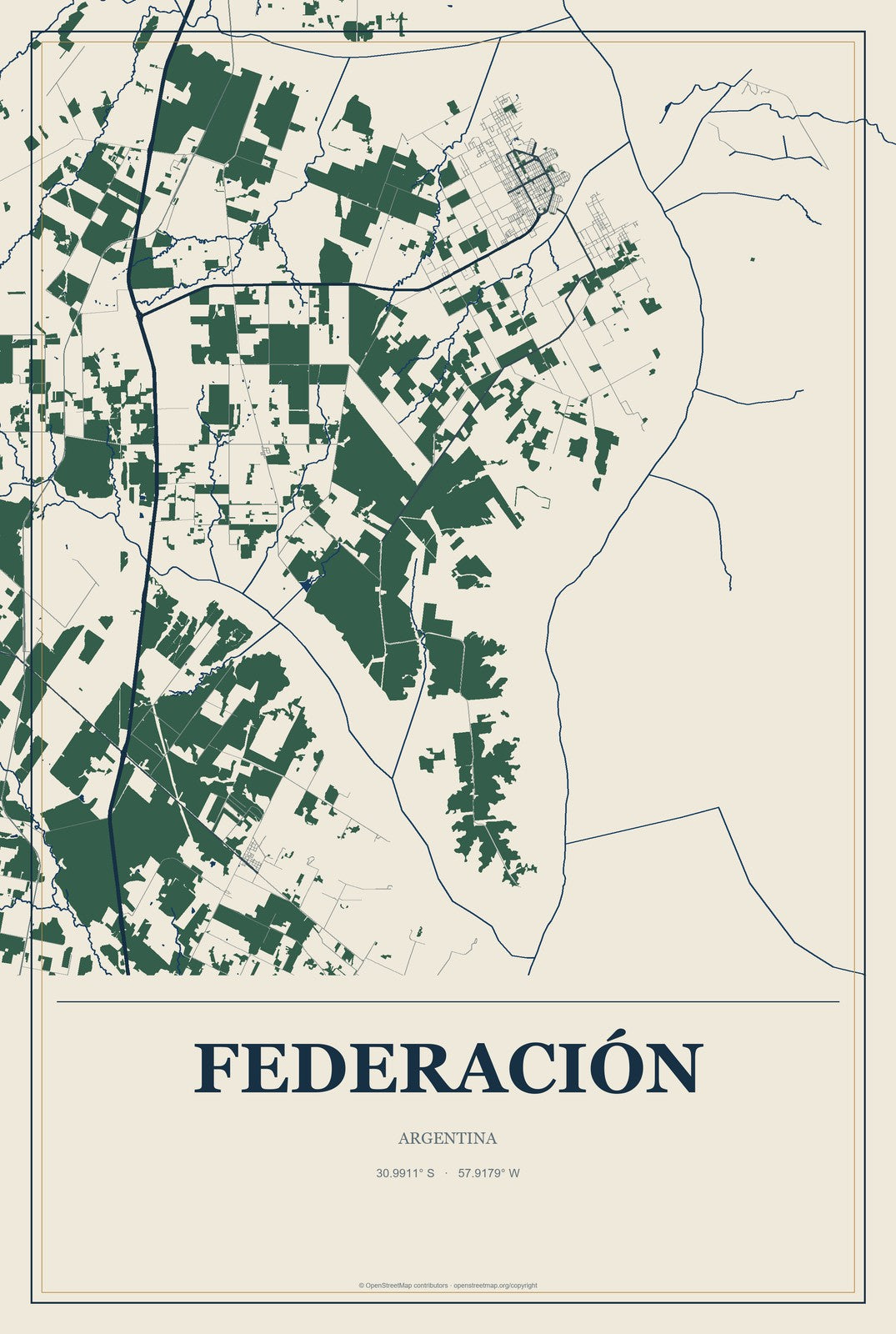 Federación, Argentina City Map Aluminum Sign in Coastal Cutout style