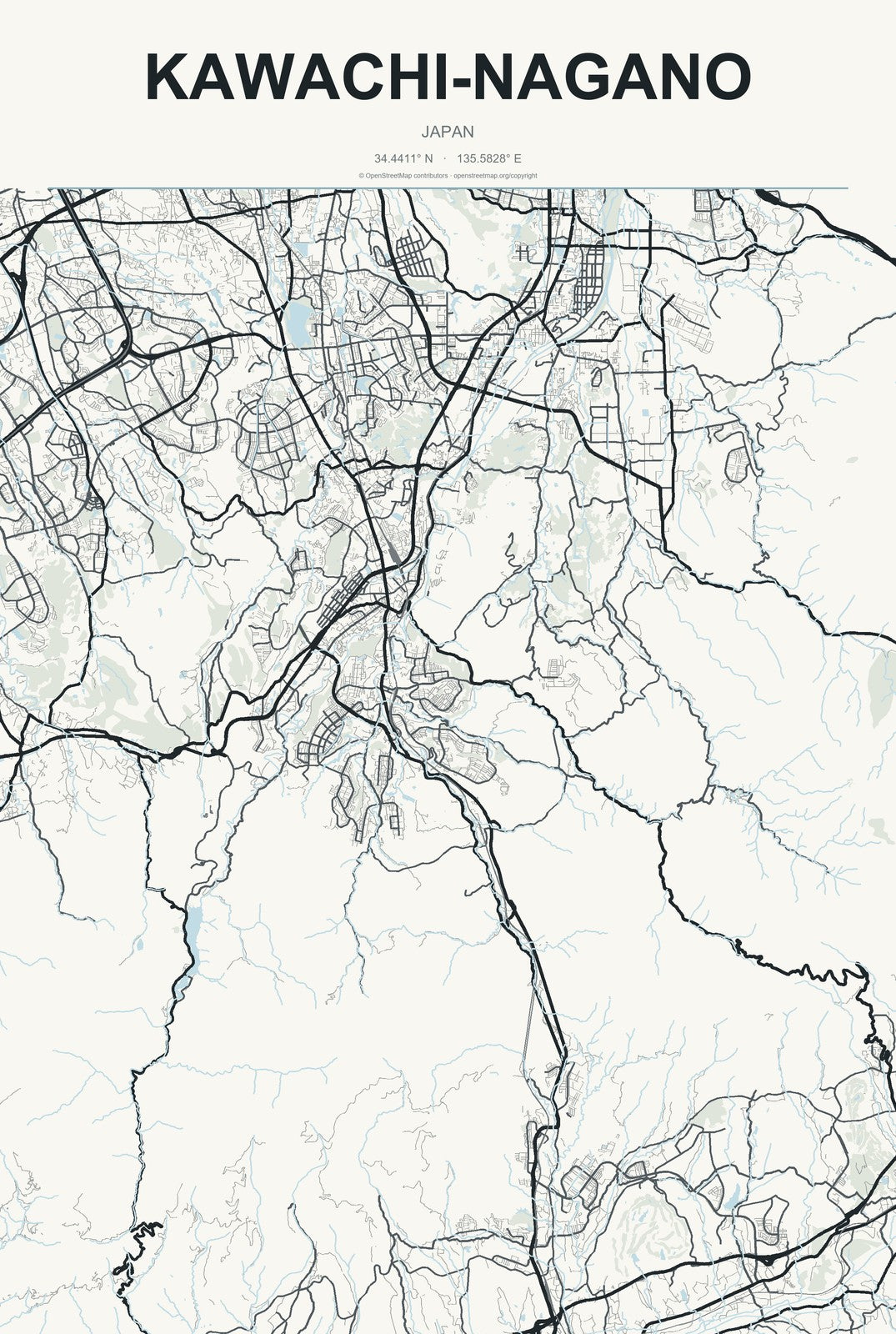 Kawachi-Nagano, Japan City Map Aluminum Sign in Headline Atlas style