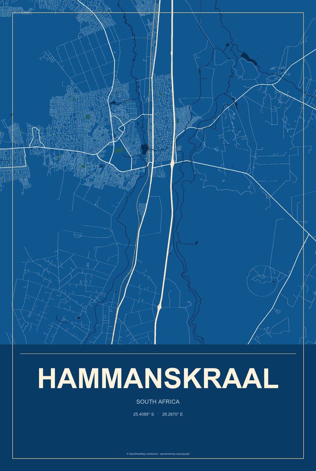 Hammanskraal, South Africa City Map Aluminum Sign in Harbor Cobalt style