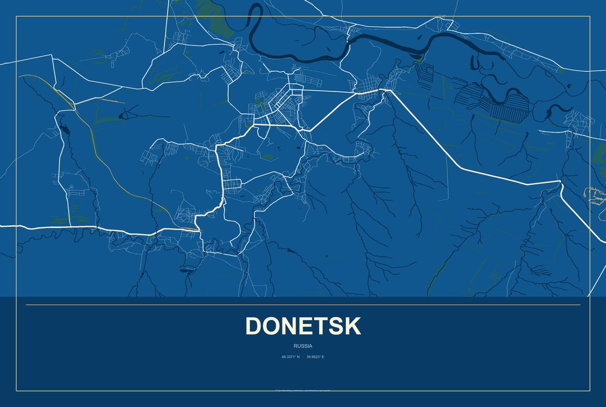 Donetsk, Russia City Map Aluminum Sign in Harbor Cobalt style