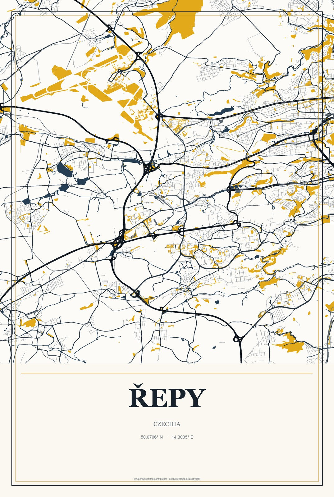 Řepy, Czechia City Map Aluminum Sign in Citrine Modern style