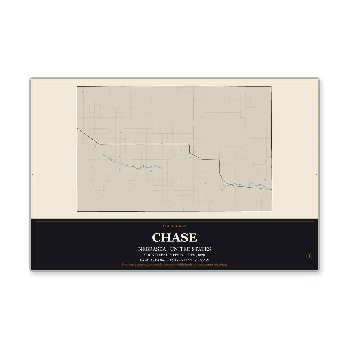 Chase County, Nebraska Map Aluminum Sign in Museum Plaque style