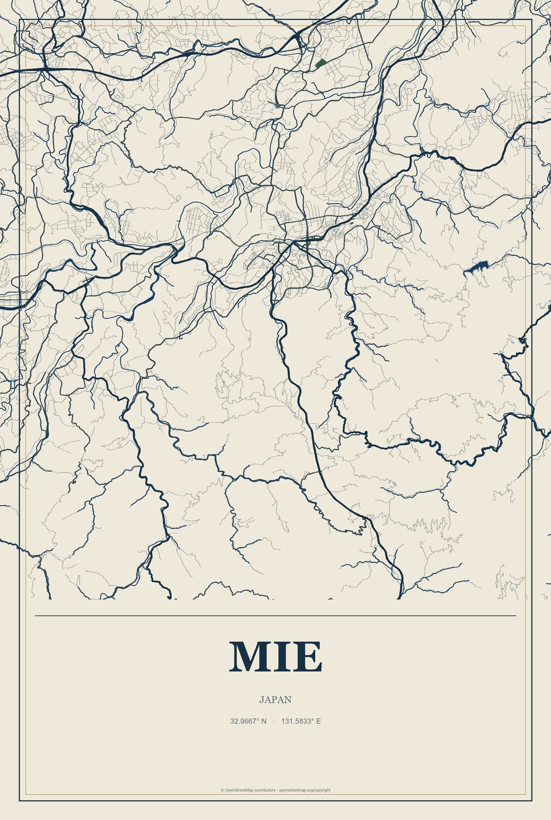 Mie, Japan City Map Aluminum Sign in Coastal Cutout style