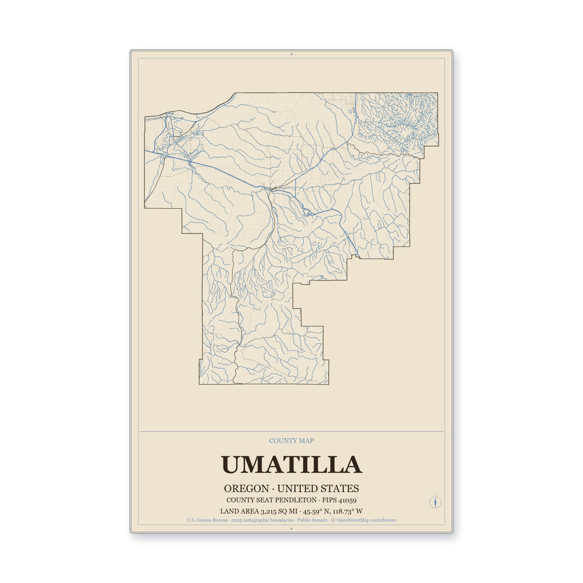 Umatilla County, Oregon Map Aluminum Sign in Heritage Nautical style