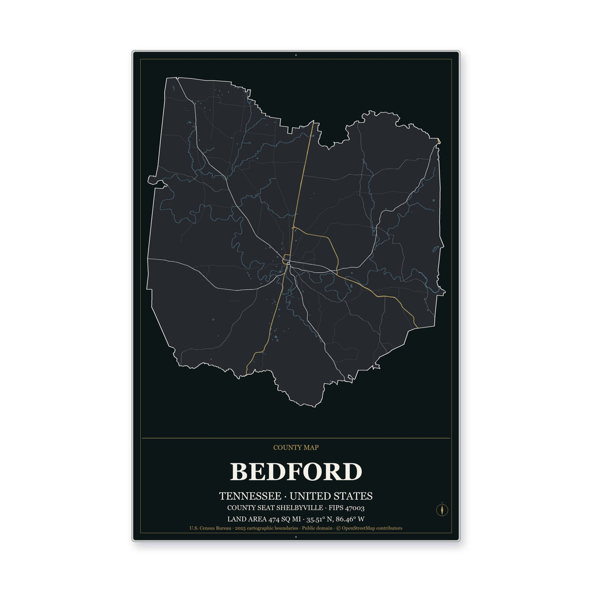 Bedford County, Tennessee Map Aluminum Sign in Metropolitan Noir style