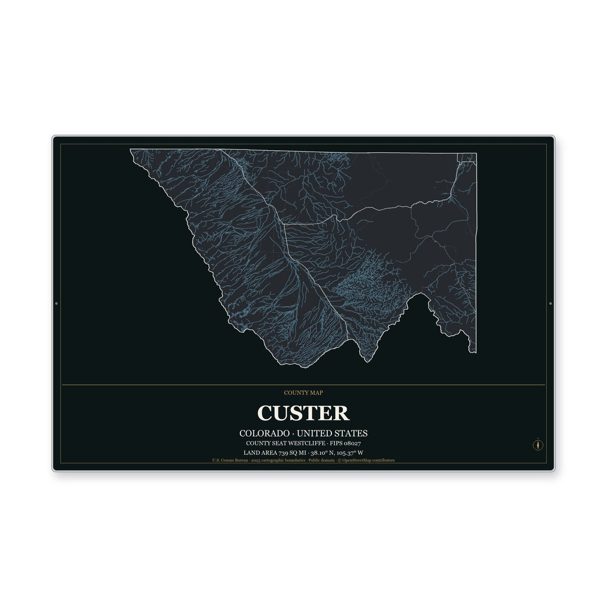 Custer County, Colorado Map Aluminum Sign in Metropolitan Noir style