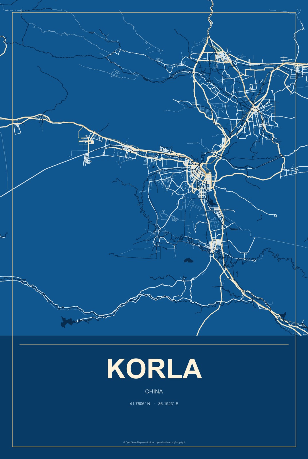 Korla, China City Map Aluminum Sign in Harbor Cobalt style