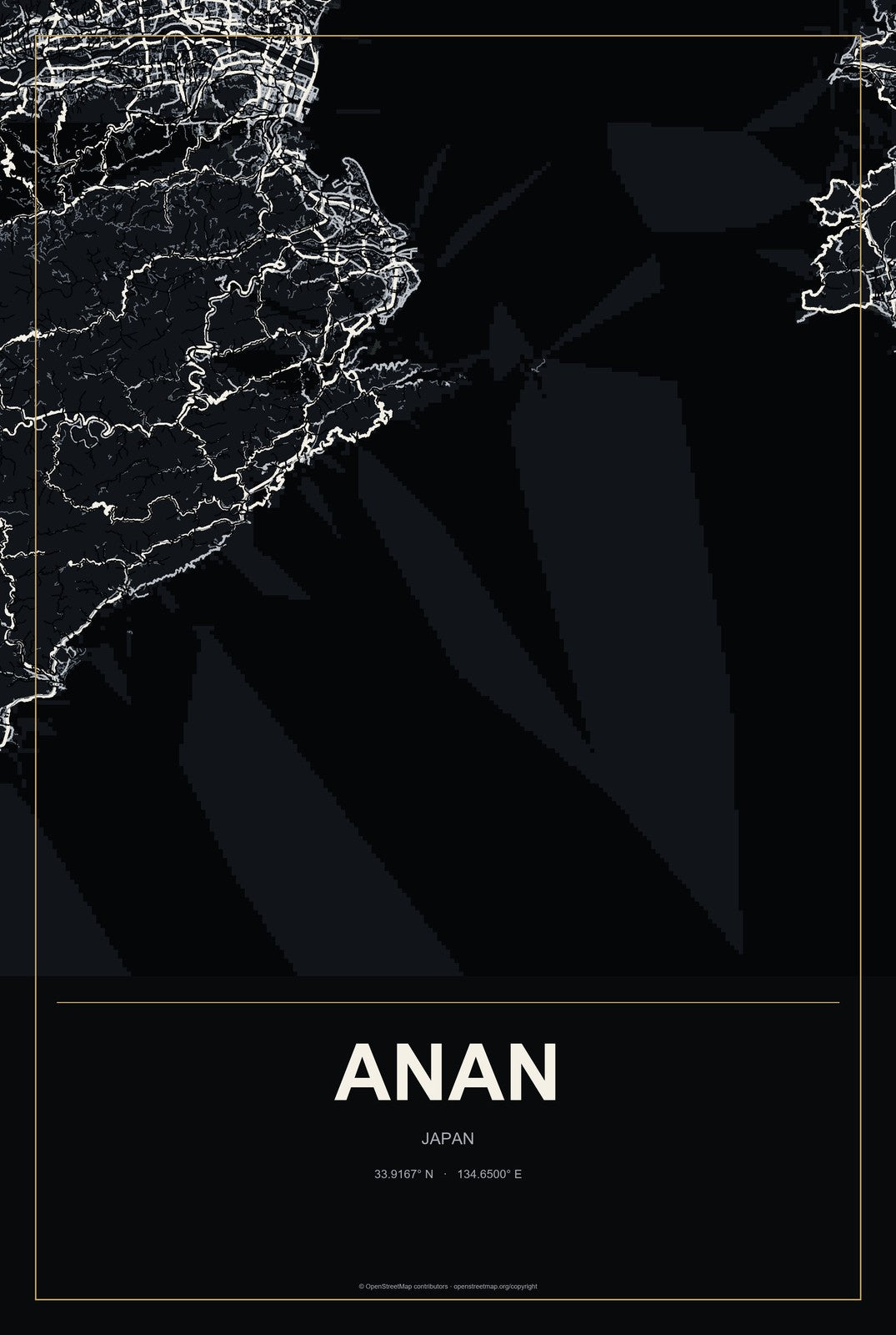 Anan, Japan City Map Aluminum Sign in Metropolitan Noir style
