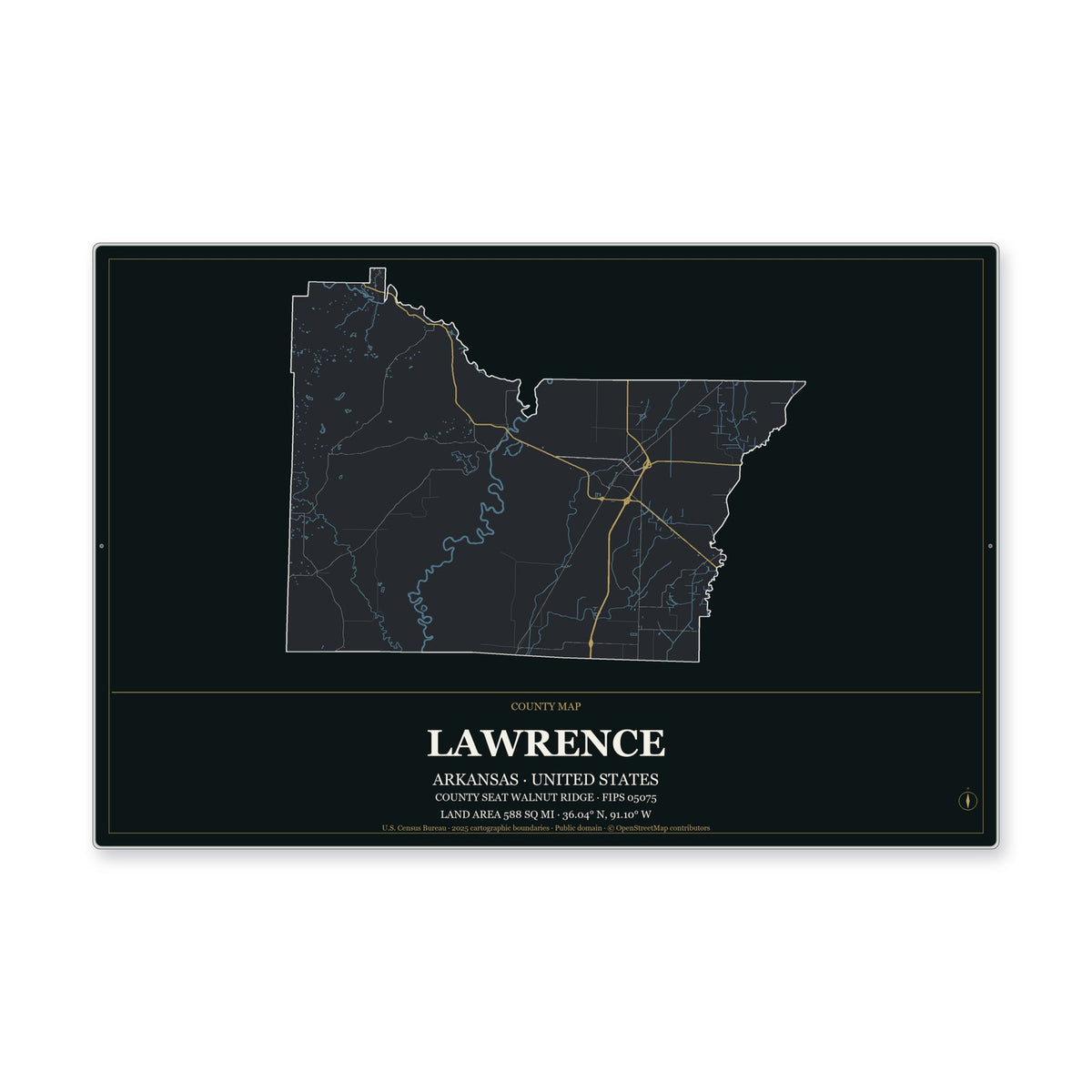 Lawrence County, Arkansas Map Aluminum Sign in Metropolitan Noir style