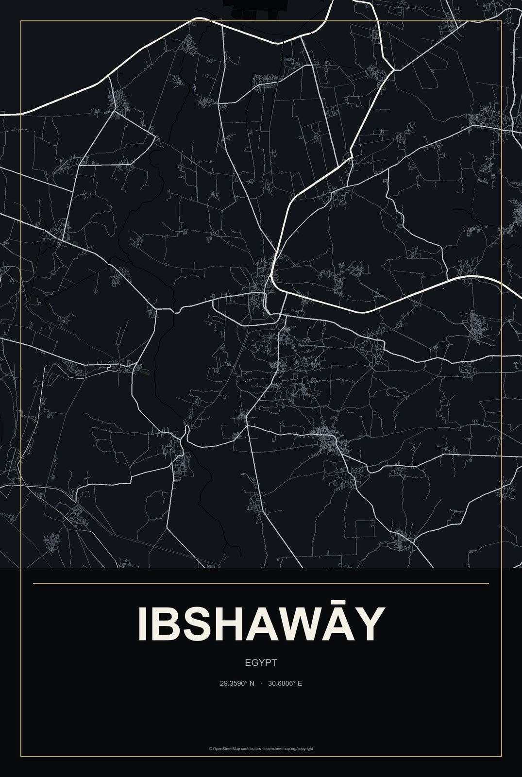 Ibshawāy, Egypt City Map Aluminum Sign in Metropolitan Noir style