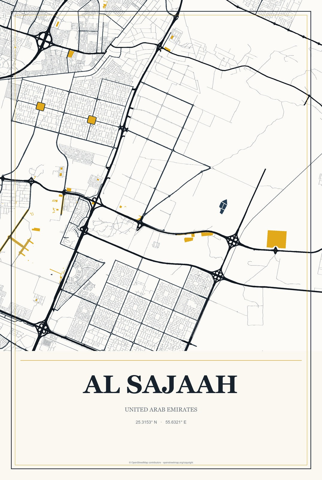 Al Sajaah, United Arab Emirates City Map Aluminum Sign in Citrine Modern style