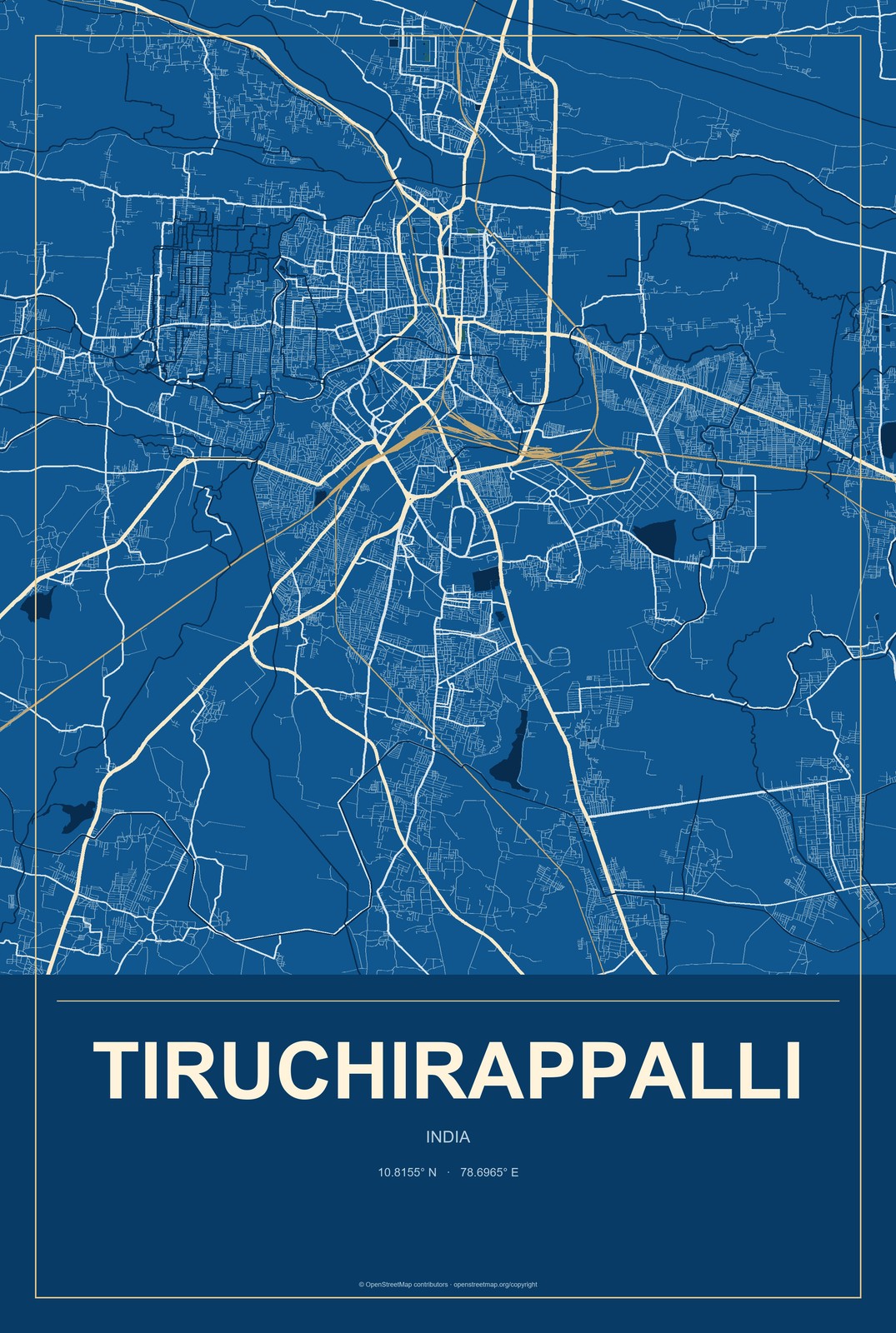 Tiruchirappalli, India City Map Aluminum Sign in Harbor Cobalt style