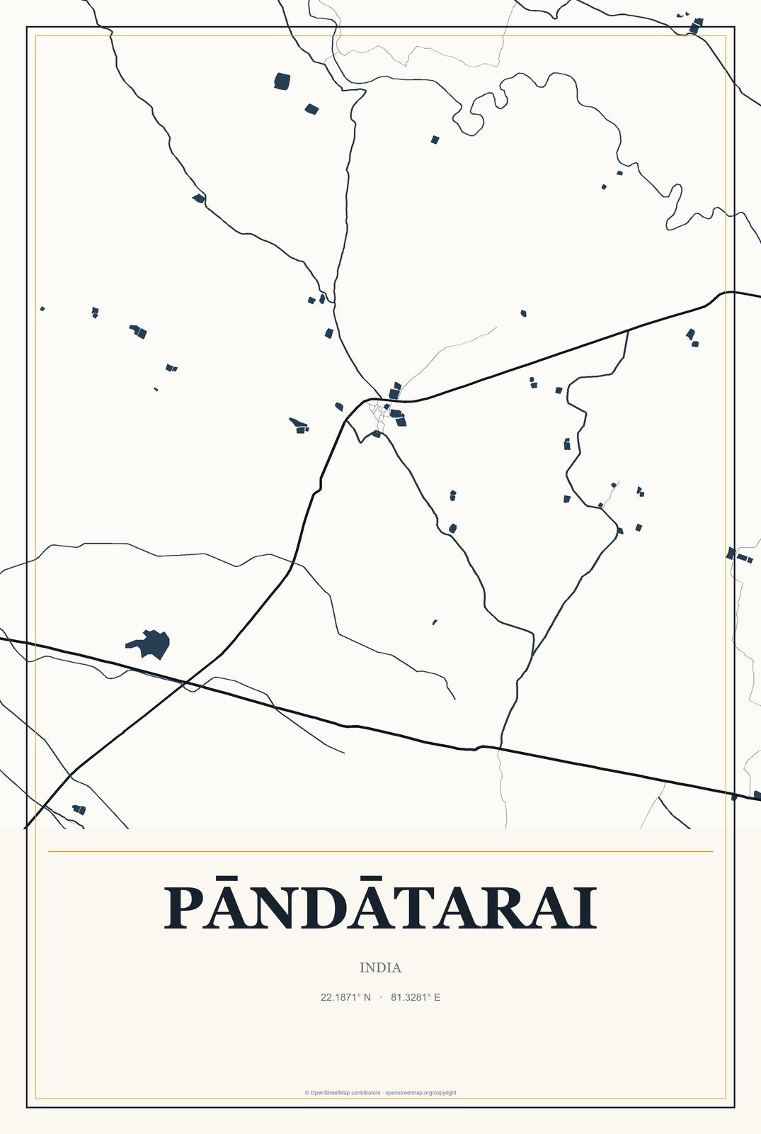 Pāndātarai, India City Map Aluminum Sign in Citrine Modern style