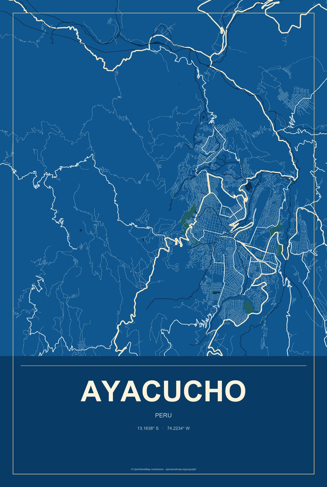 Ayacucho, Peru City Map Aluminum Sign in Harbor Cobalt style