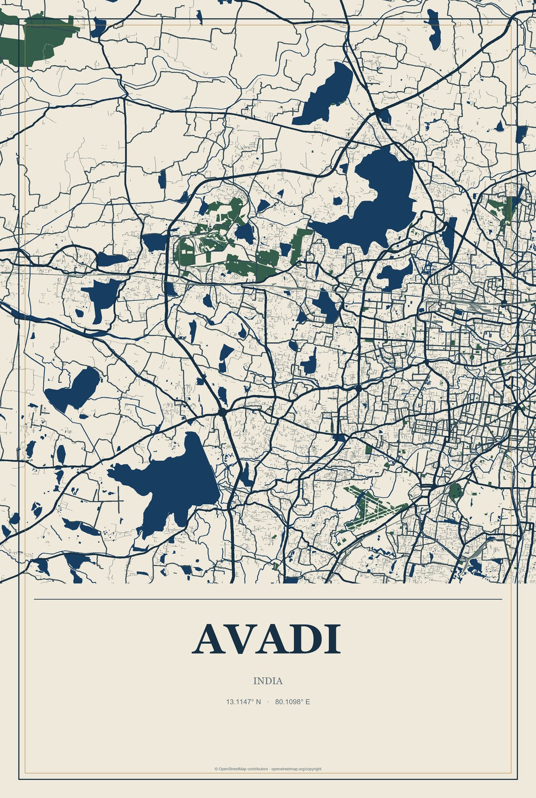 Avadi, India City Map Aluminum Sign in Coastal Cutout style