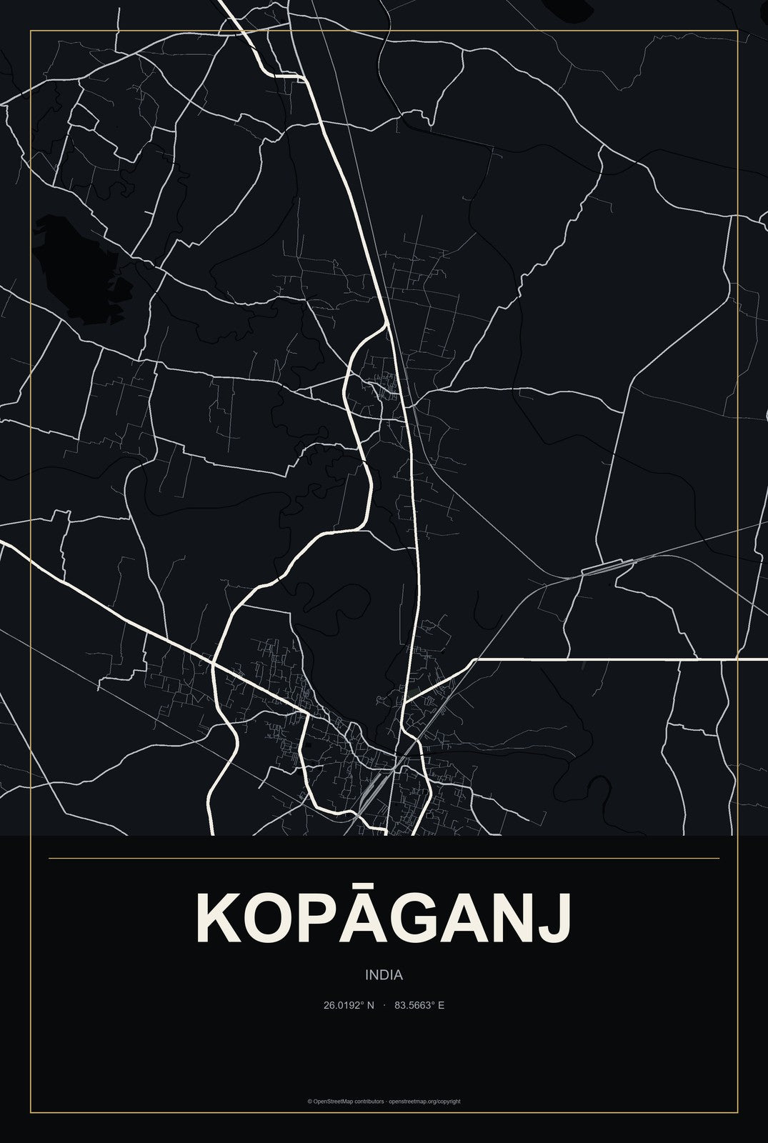 Kopāganj, India City Map Aluminum Sign in Metropolitan Noir style