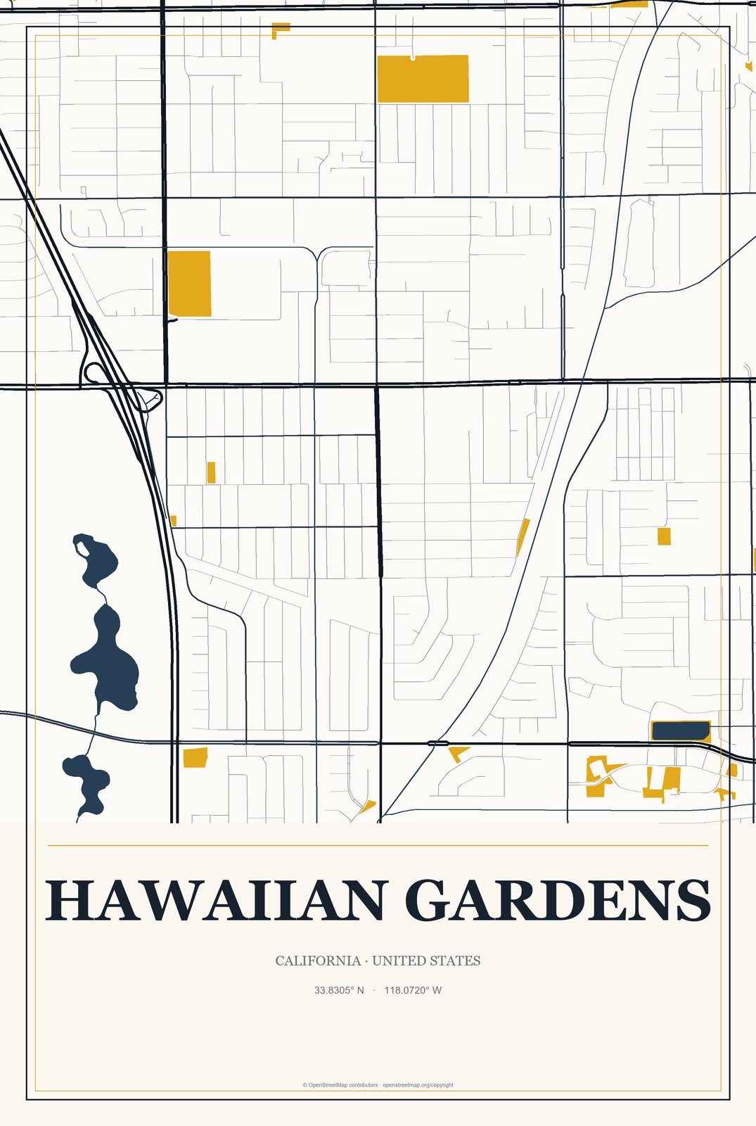 Hawaiian Gardens, California City Map Aluminum Sign in Citrine Modern style