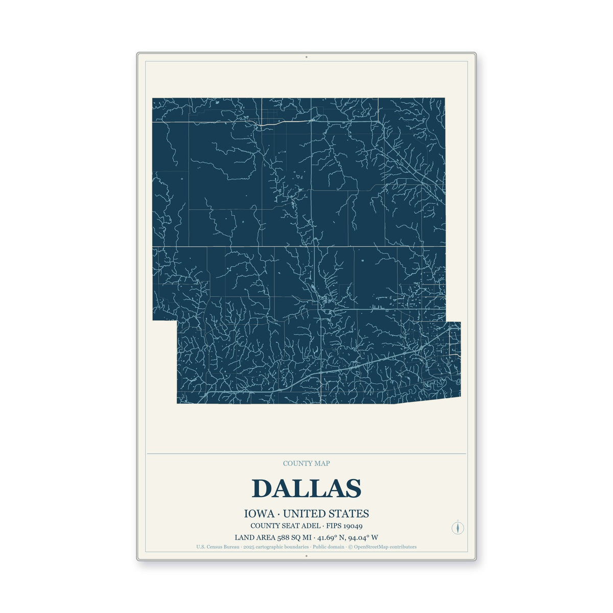 Dallas County, Iowa Map Aluminum Sign in Coastal Cutout style