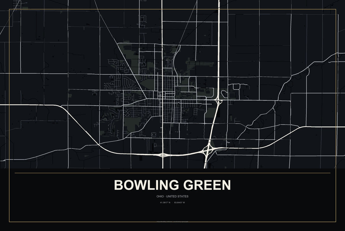 Bowling Green, Ohio City Map Aluminum Sign in Metropolitan Noir style