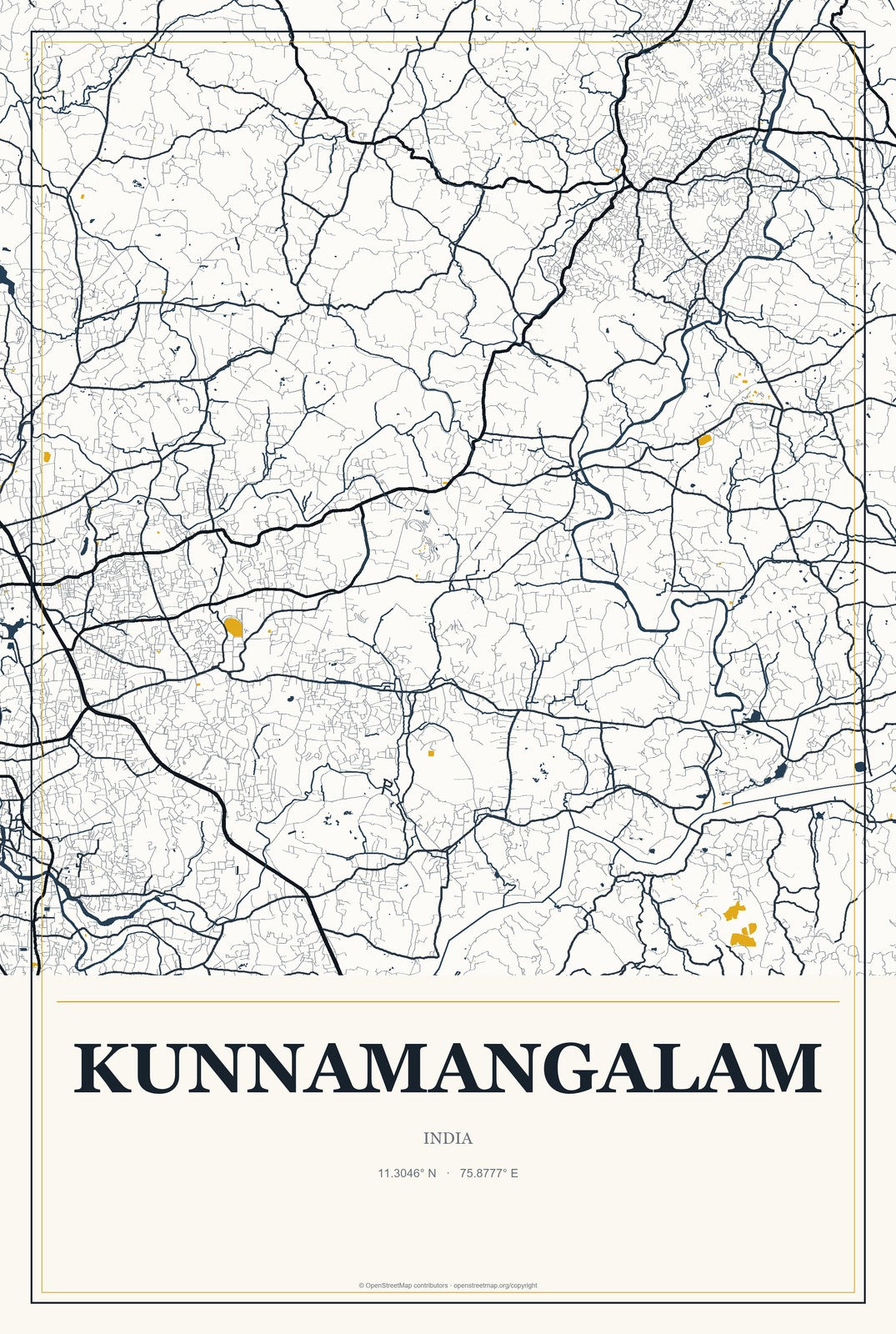 Kunnamangalam, India City Map Aluminum Sign in Citrine Modern style