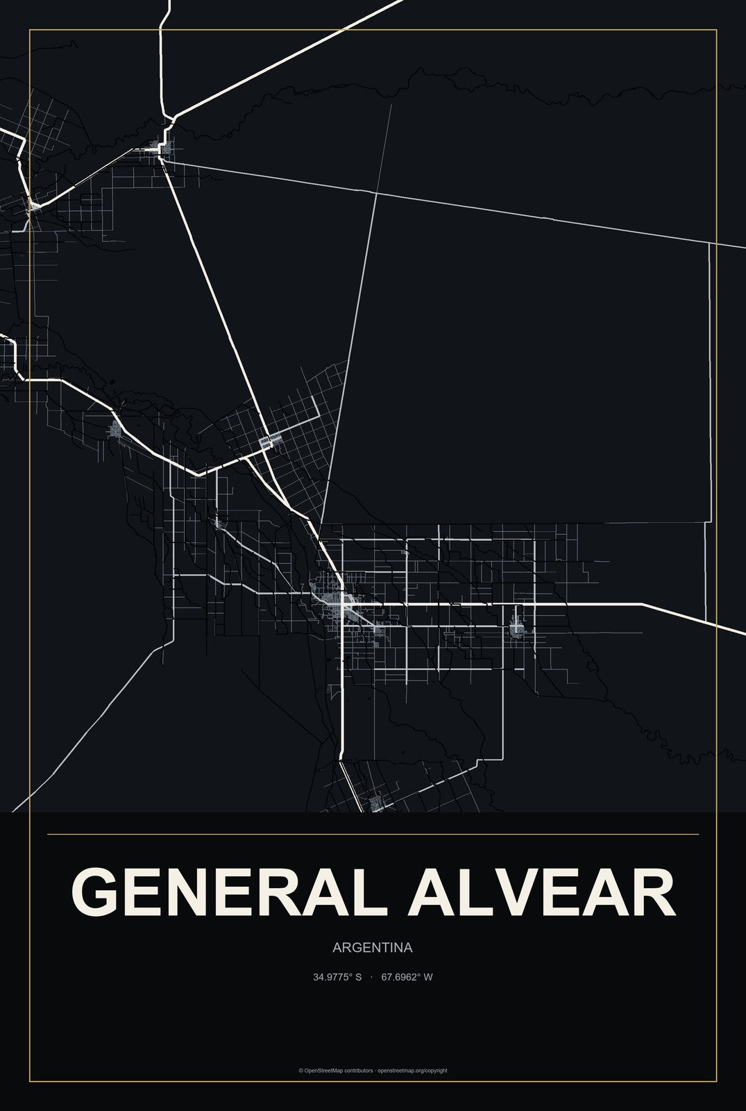 General Alvear, Argentina City Map Aluminum Sign in Metropolitan Noir style