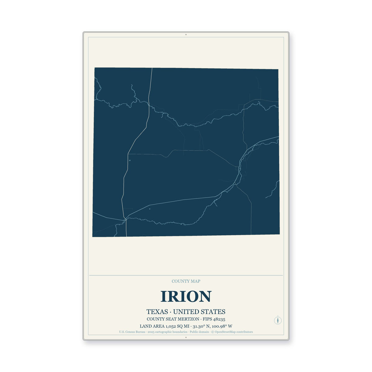 Irion County, Texas Map Aluminum Sign in Coastal Cutout style