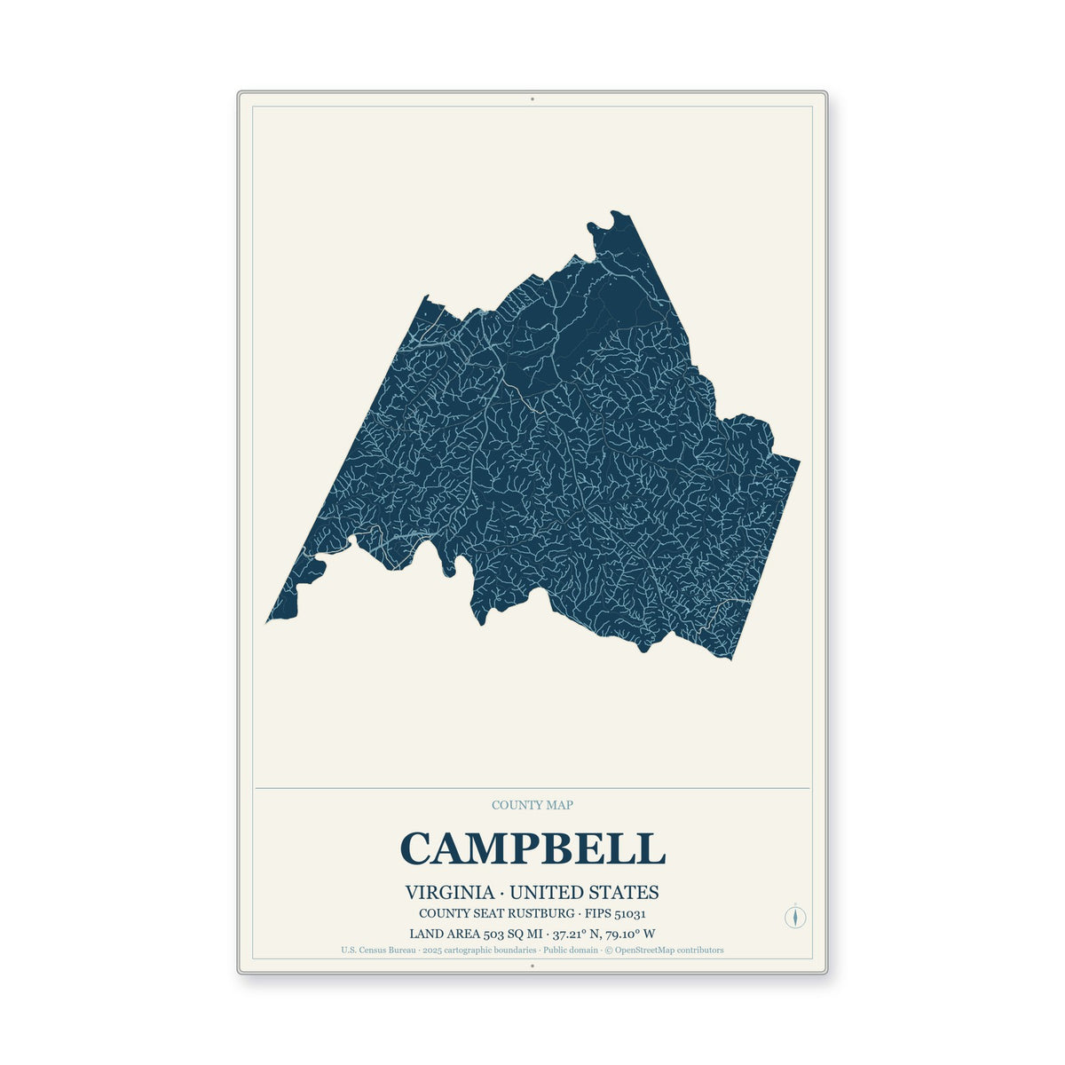 Campbell County, Virginia Map Aluminum Sign in Coastal Cutout style