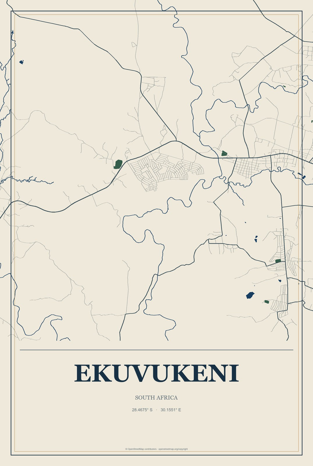 Ekuvukeni, South Africa City Map Aluminum Sign in Coastal Cutout style