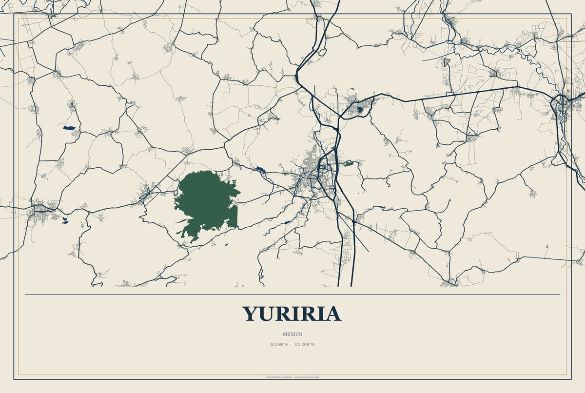 Yuriria, Mexico City Map Aluminum Sign in Coastal Cutout style
