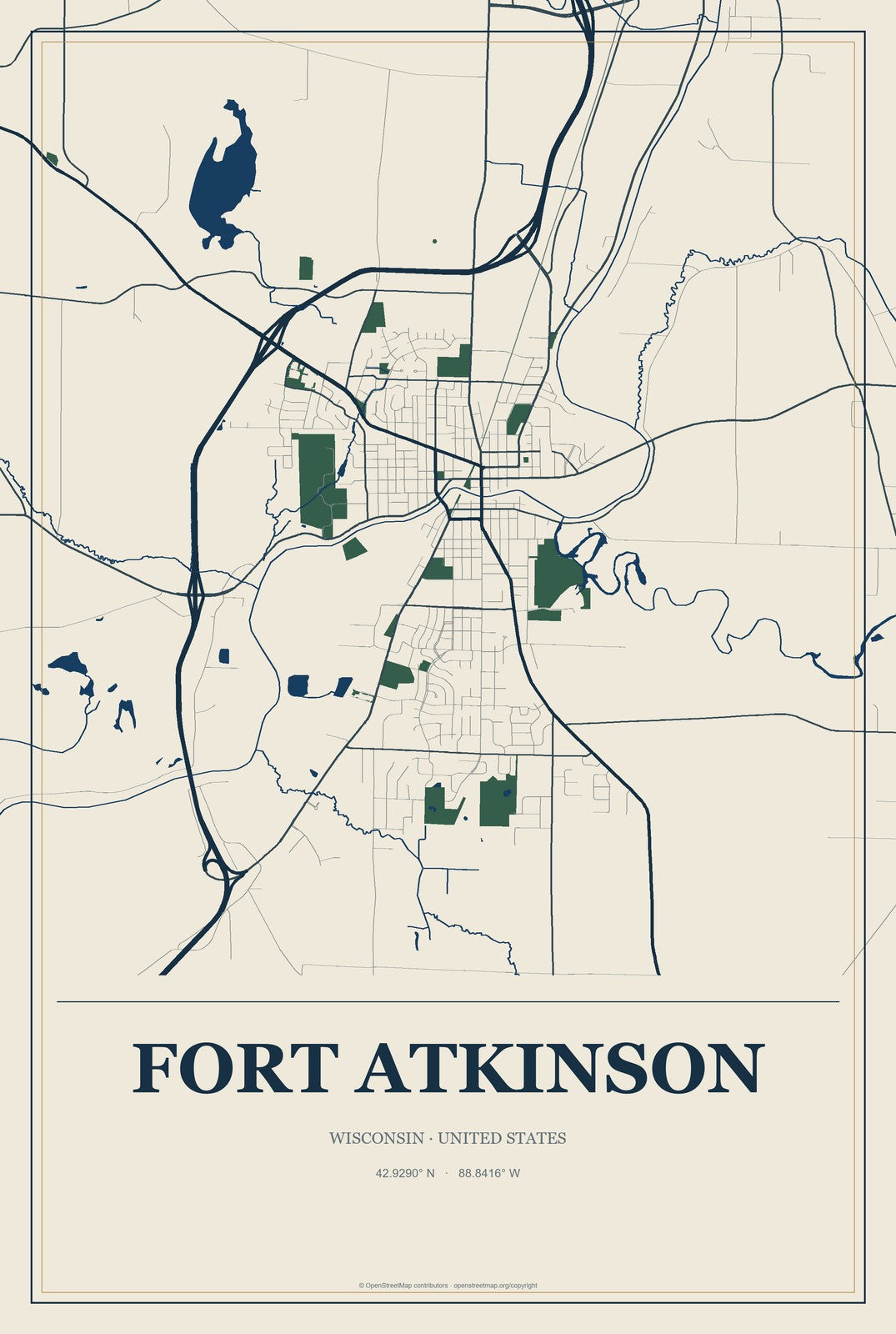 Fort Atkinson, Wisconsin City Map Aluminum Sign in Coastal Cutout style