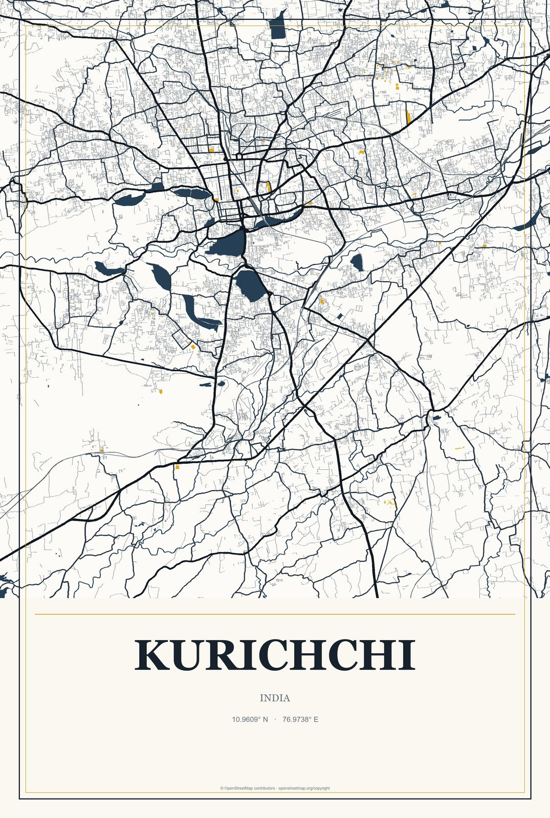 Kurichchi, India City Map Aluminum Sign in Citrine Modern style