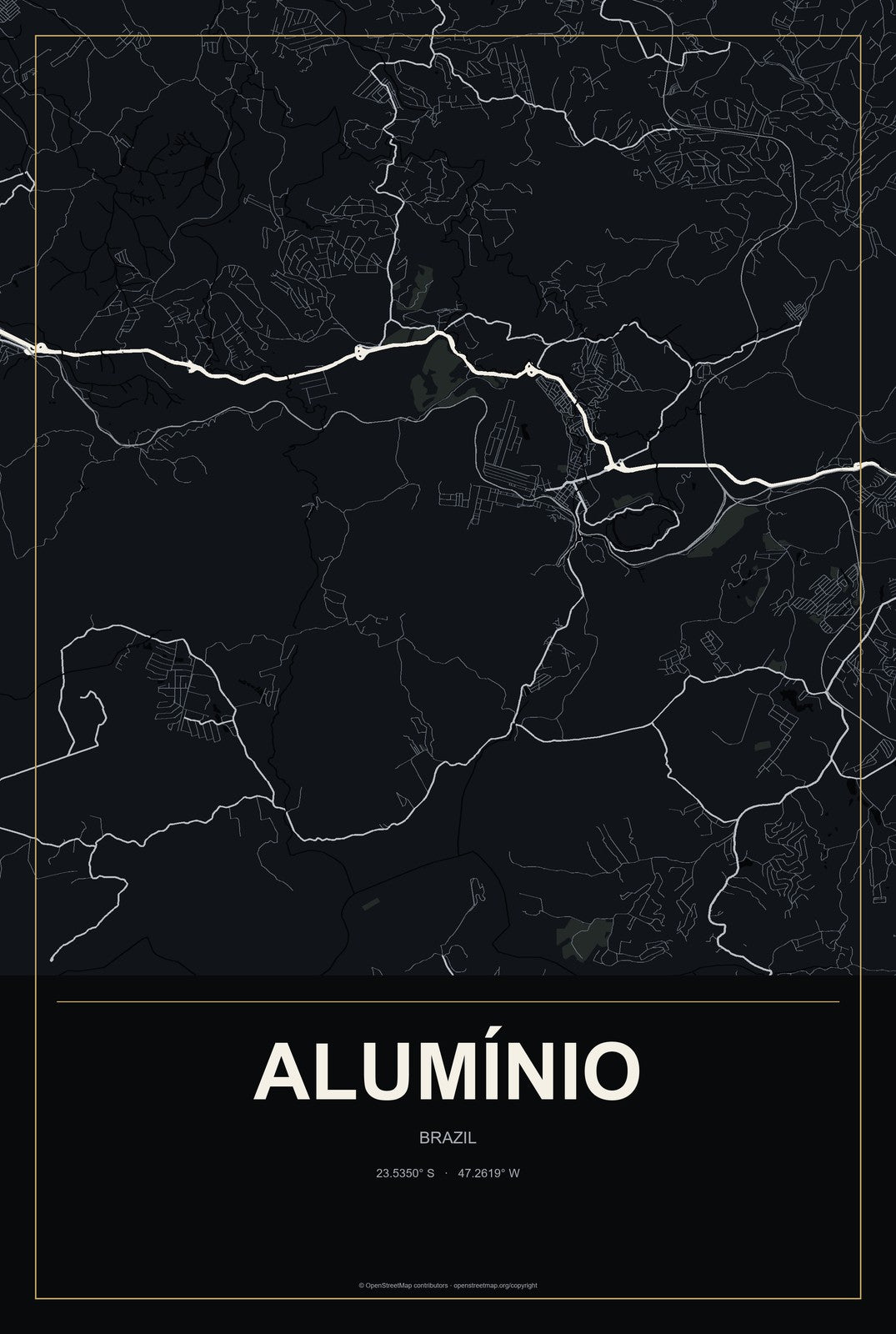 Alumínio, Brazil City Map Aluminum Sign in Metropolitan Noir style