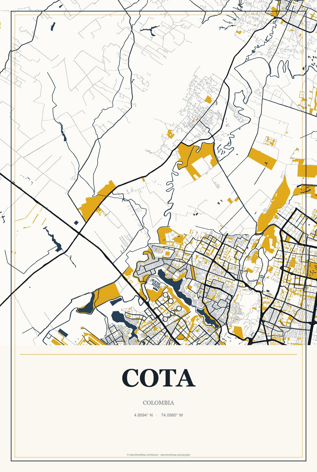 Cota, Colombia City Map Aluminum Sign in Citrine Modern style