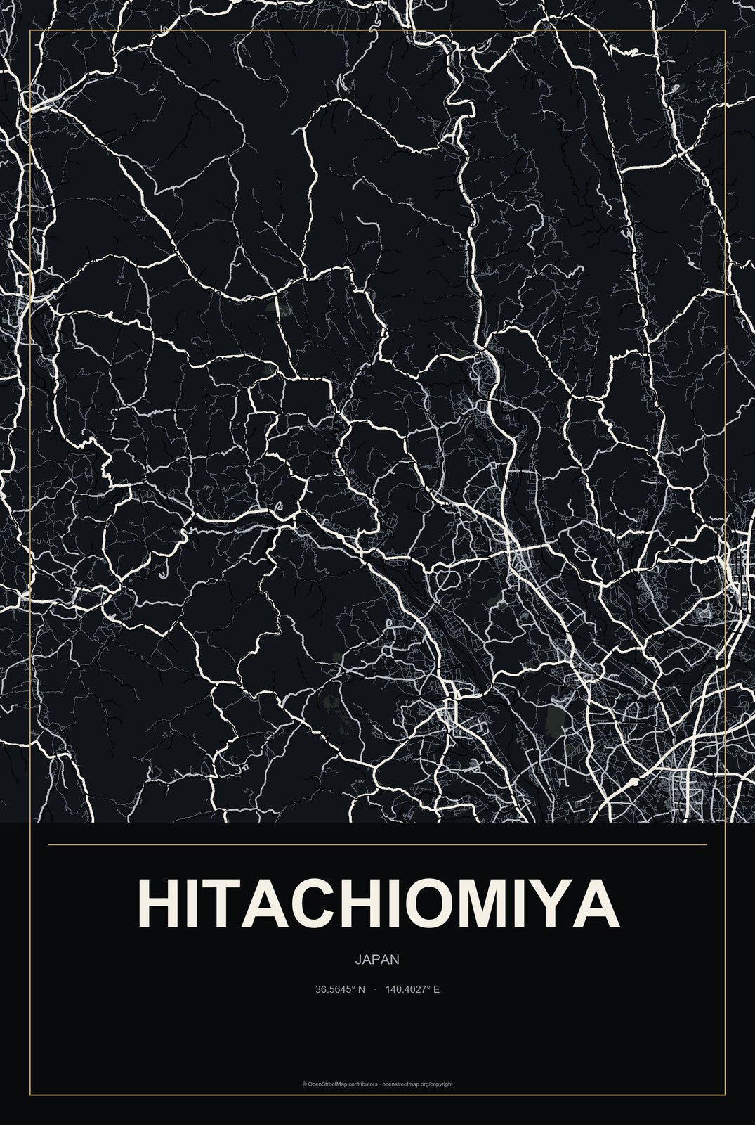 Hitachiomiya, Japan City Map Aluminum Sign in Metropolitan Noir style