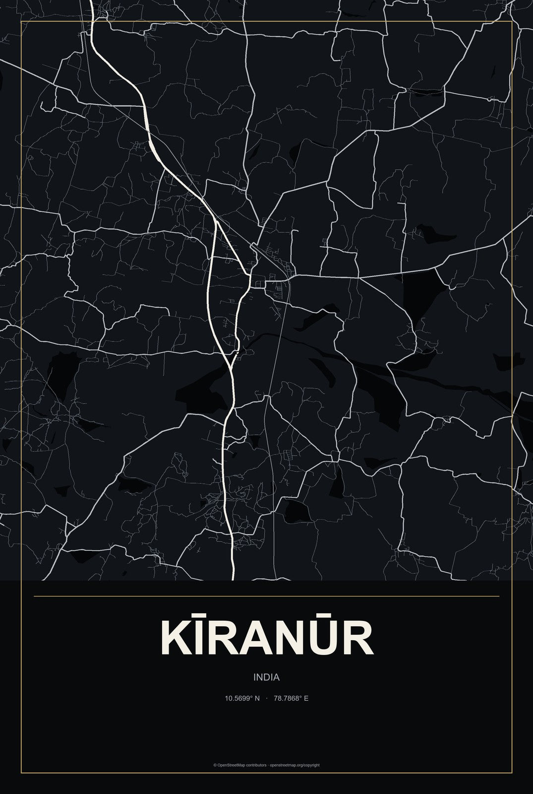 Kīranūr, India City Map Aluminum Sign in Metropolitan Noir style