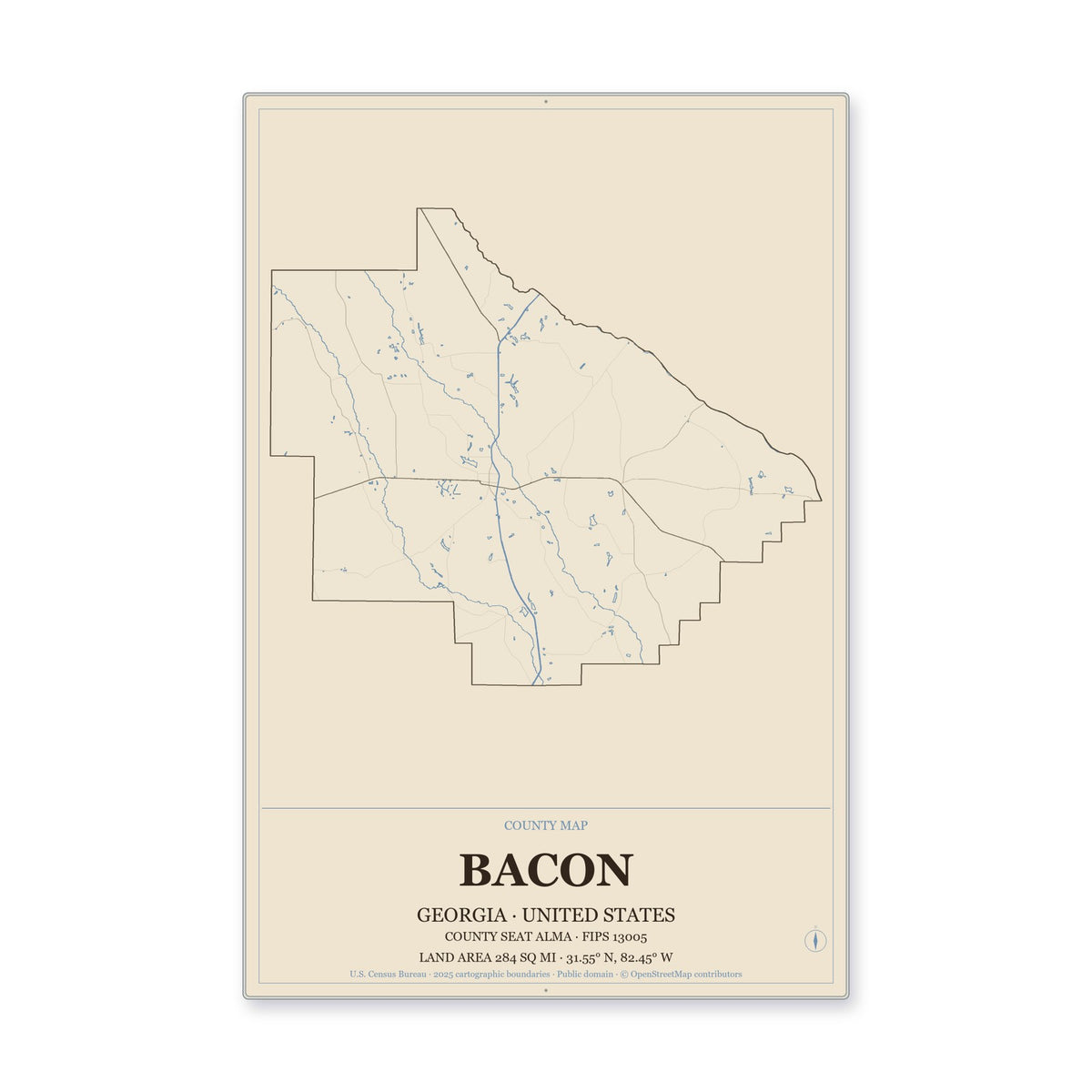 Bacon County, Georgia Map Aluminum Sign in Heritage Nautical style