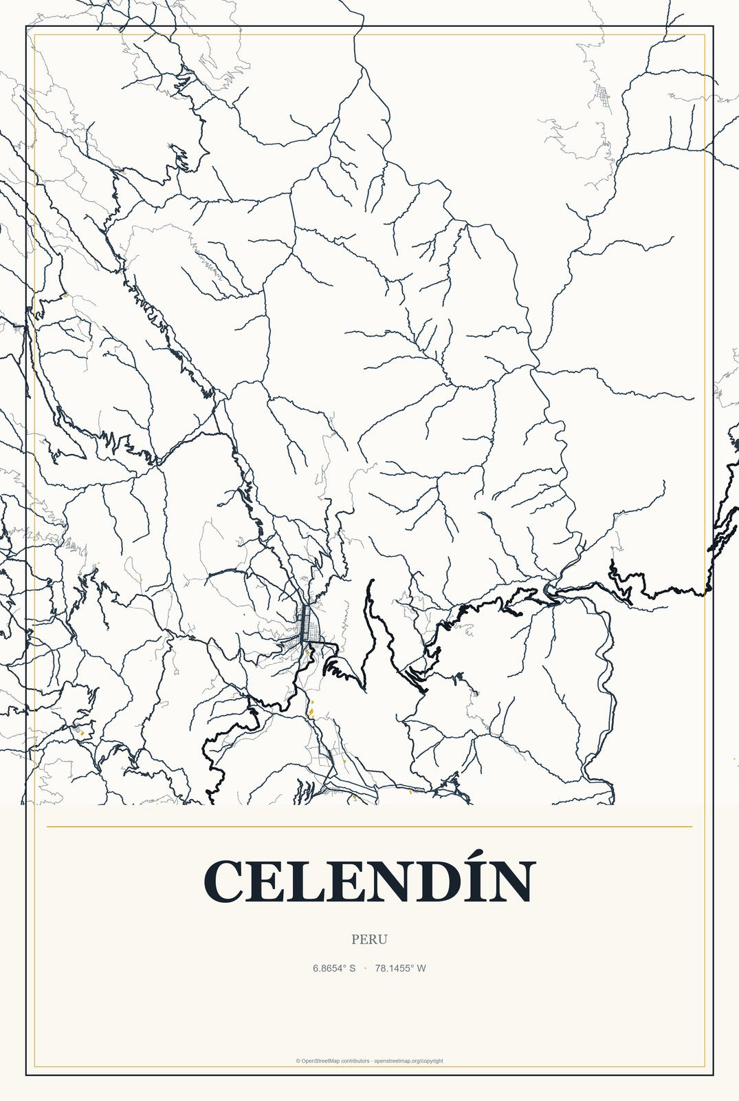 Celendín, Peru City Map Aluminum Sign in Citrine Modern style