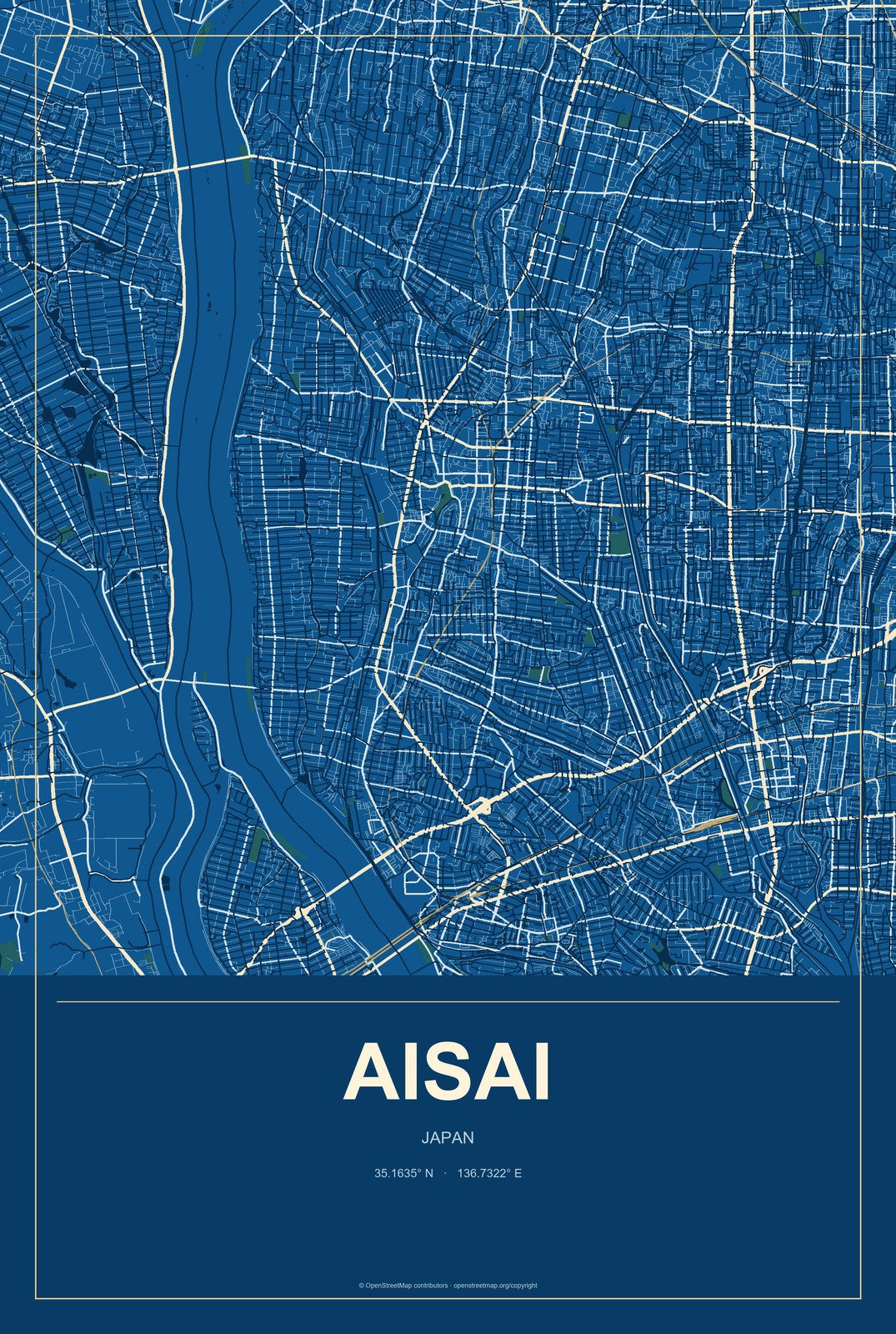 Aisai, Japan City Map Aluminum Sign in Harbor Cobalt style